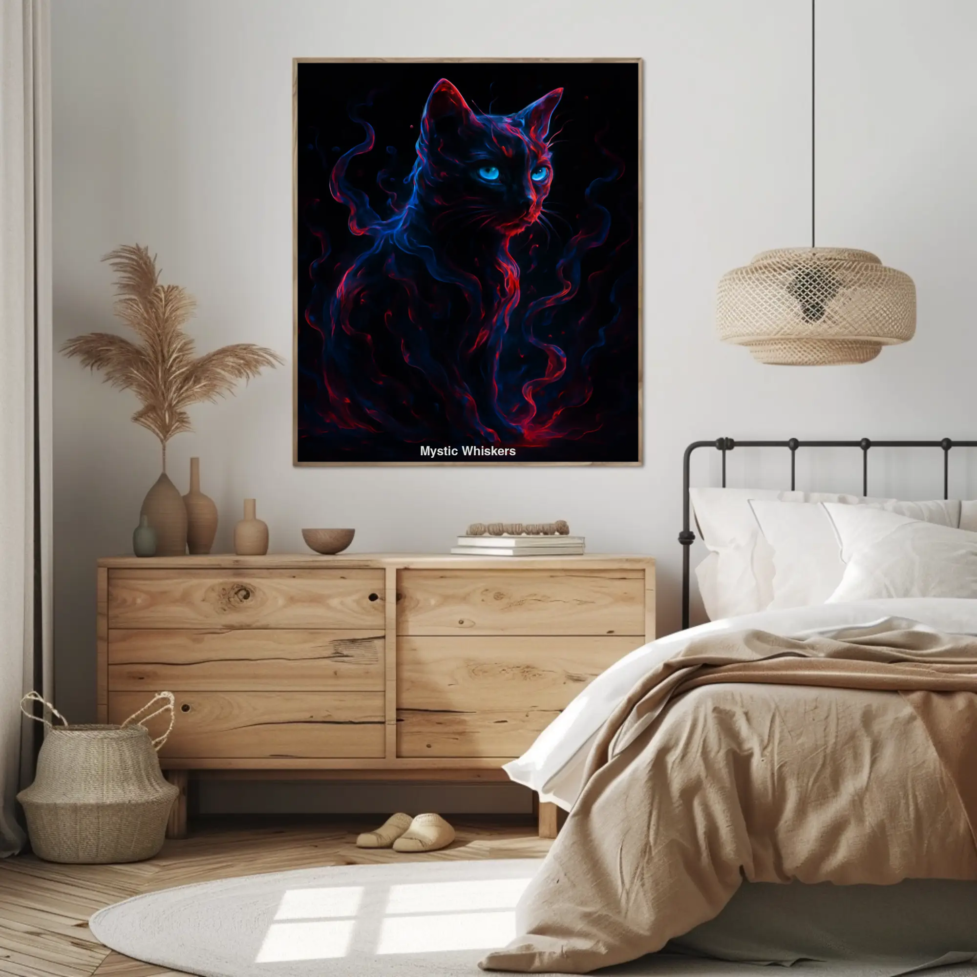 Mockup des Kunstwerks „Mystic Whiskers“ mit leuchtender Cyber-Katze auf dunklem Hintergrund
