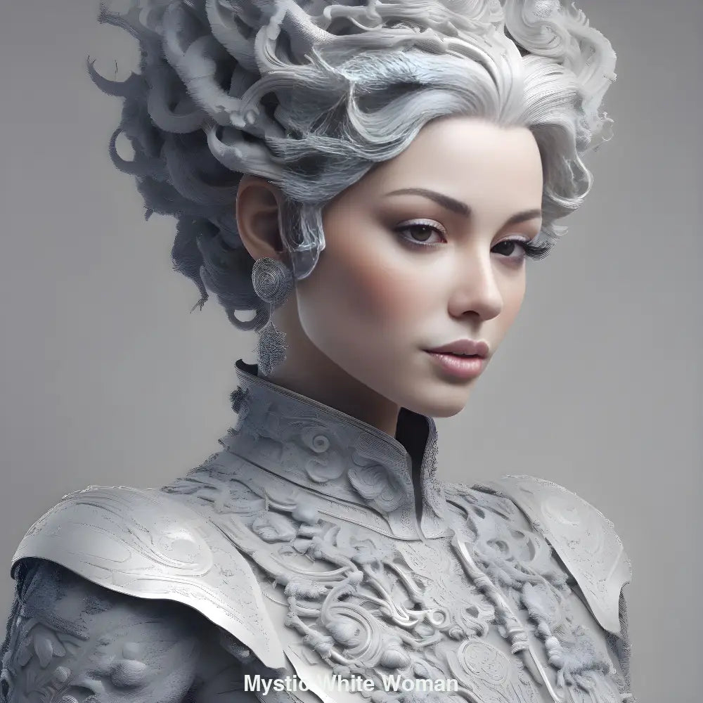 Monochromes KI-Porträt einer anmutigen Frau mit eisigem Haar und skulpturaler Kleidung, umgeben von mystischer Aura