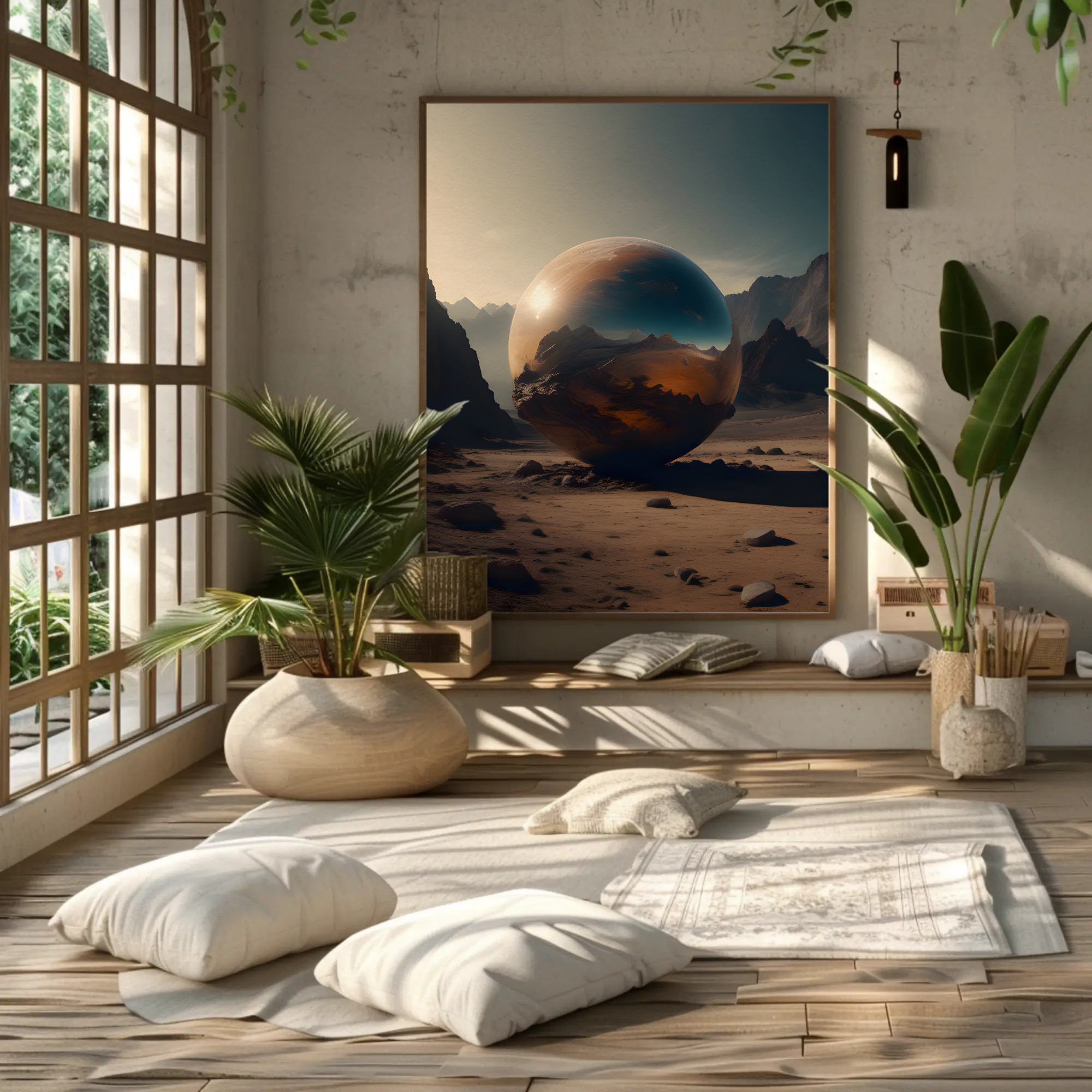 Fine Art Print mit leuchtender Kugel in stiller Berglandschaft über einer modernen Wohnraumeinrichtung.
