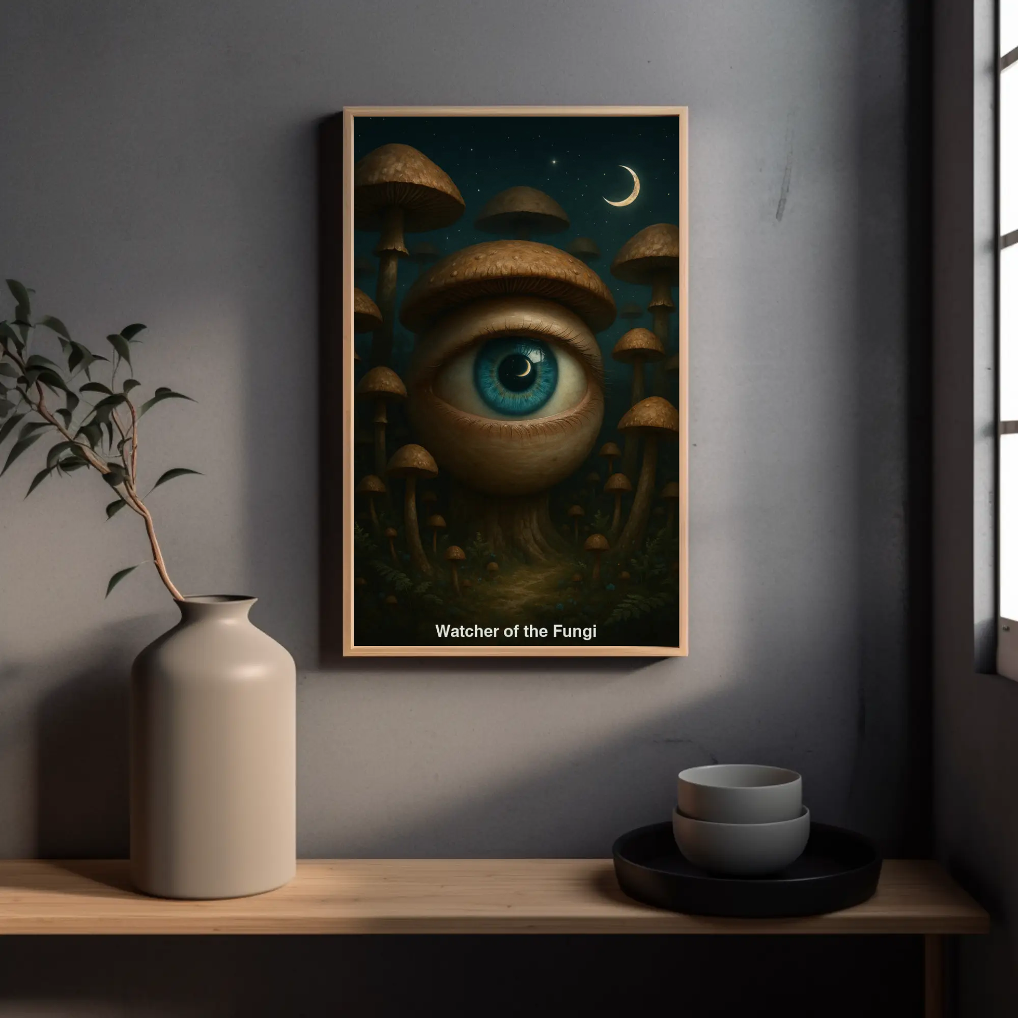 Fine-Art-Print mit geheimnisvollem Auge, Pilzen und dunklen Naturtönen über moderner Inneneinrichtung.