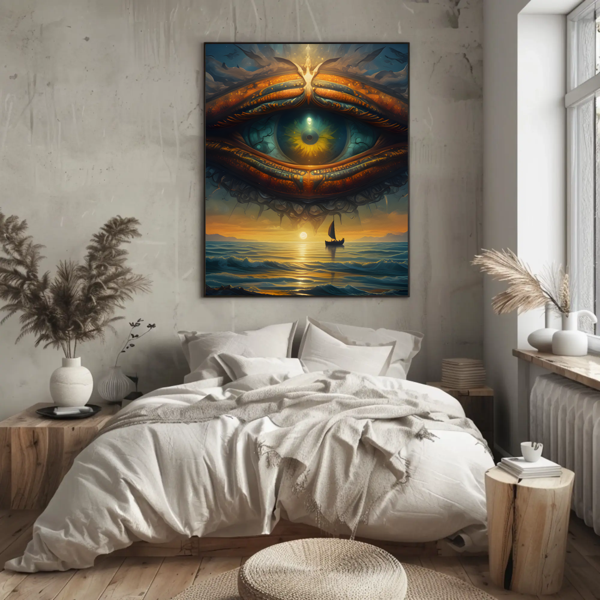 Symbolisches Auge mit goldenen Lichtreflexen über modernem Schlafzimmer