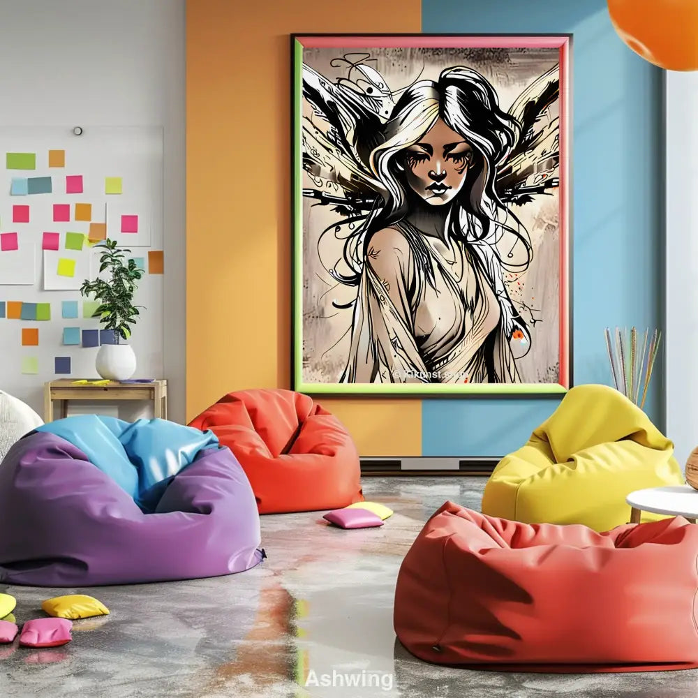 Fine Art Print mit Engelmotiv in einem farbenfrohen Kinderzimmer mit Sitzsäcken