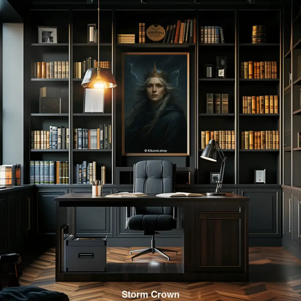Dunkles Fantasy Porträt als Fine Art Print in einem Raum mit Regalen und stimmungsvoller Beleuchtung.
