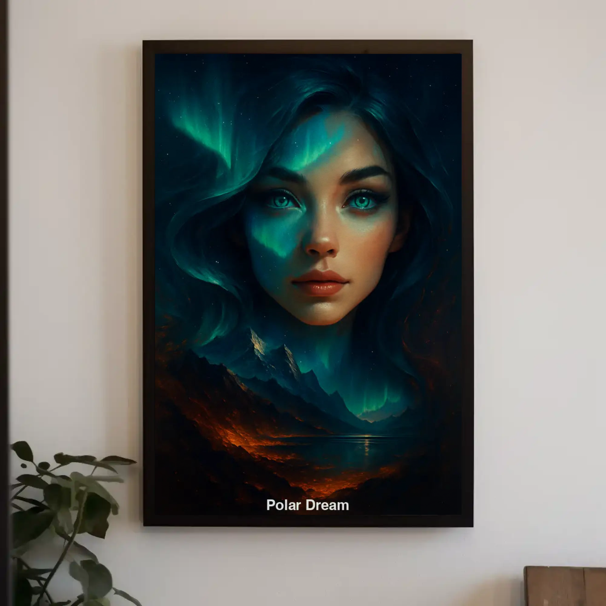 Fine Art Print mit leuchtendem Frauenporträt in Blau- und Türkistönen vor modernem Wohnambiente