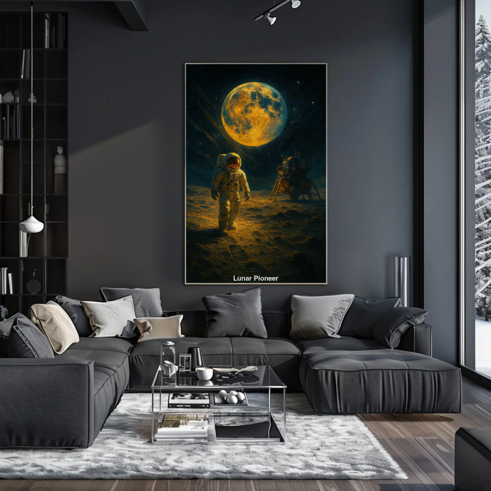 Mystisches Mondmotiv mit einsamer Figur und goldenen Lichtreflexen