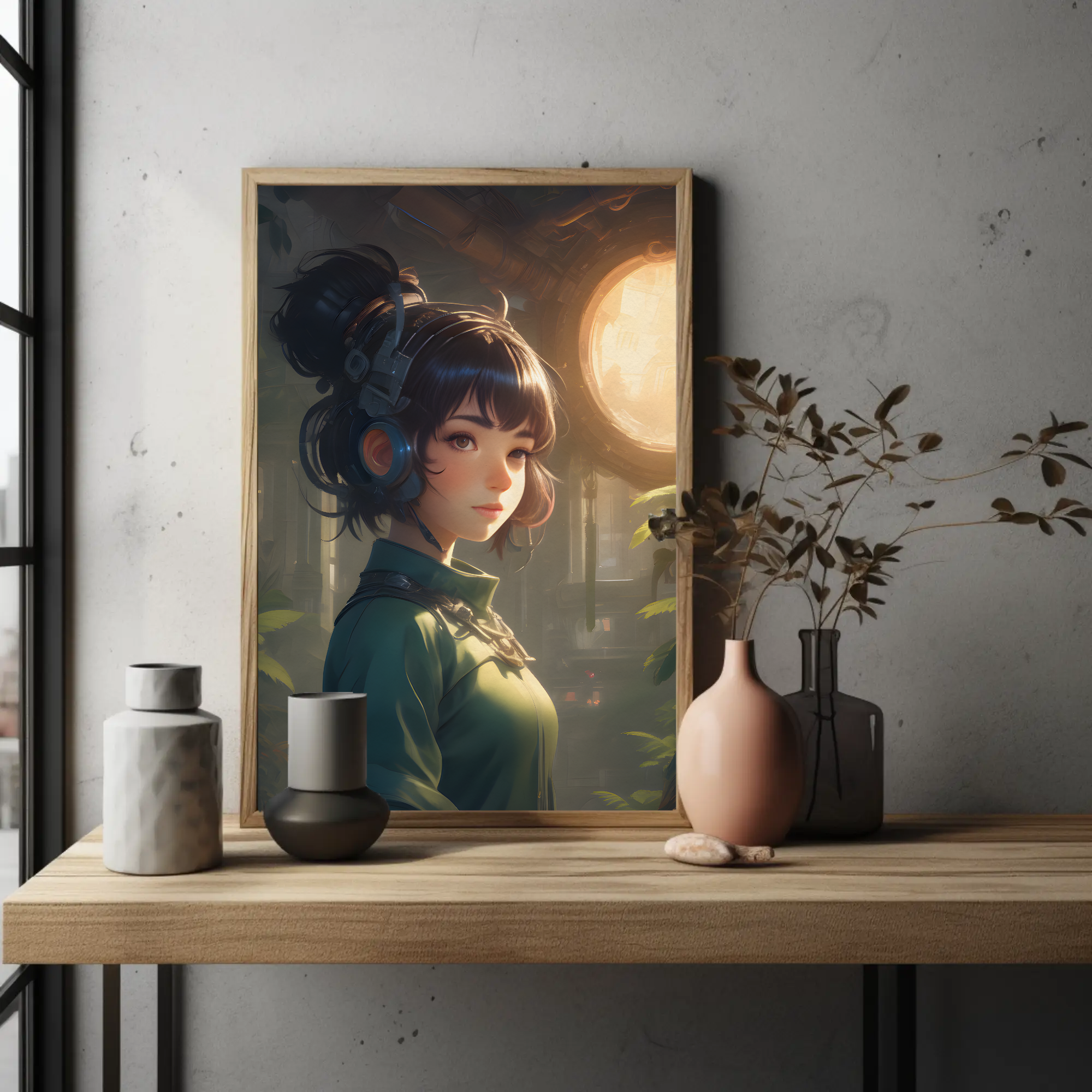 Fine Art Print mit geheimnisvoller Figur und leuchtender Kugel in stilvoll eingerichteter moderner Wohnumgebung.