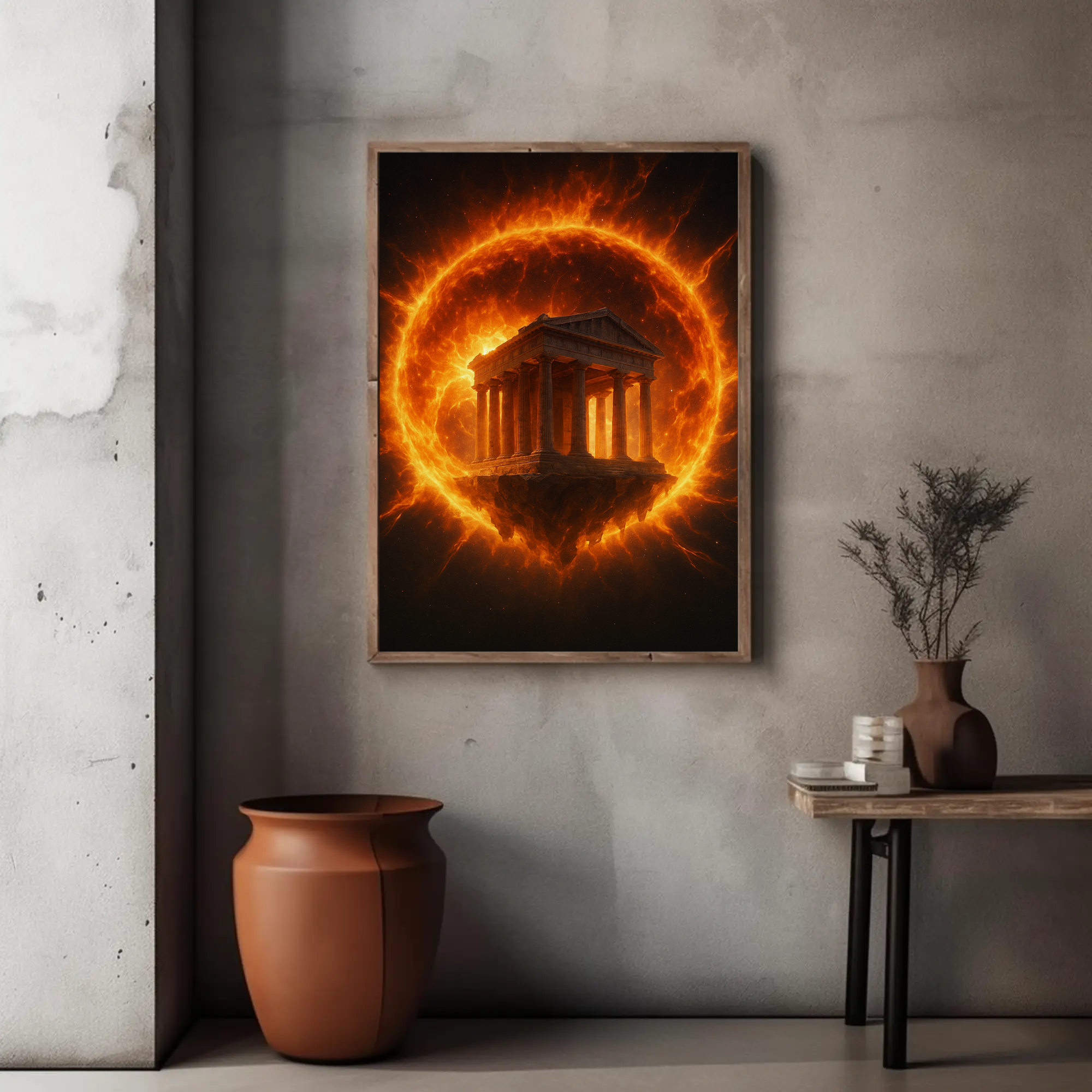 Fine Art Print mit antikem Tempel in einem leuchtenden Feuerkreis in moderner Wohnraumgestaltung.