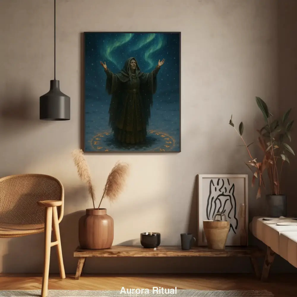 Fine Art Print mit dunklem Ritualmotiv an Wand in stilvoll eingerichteter Umgebung