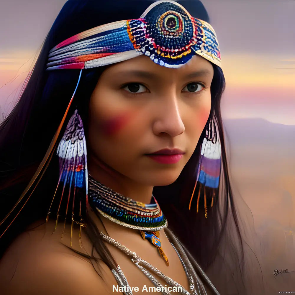 Digitales Porträt einer Native American Frau – würdevoll, kulturell tief, von KI generiert und künstlerisch ausgearbeitet.
