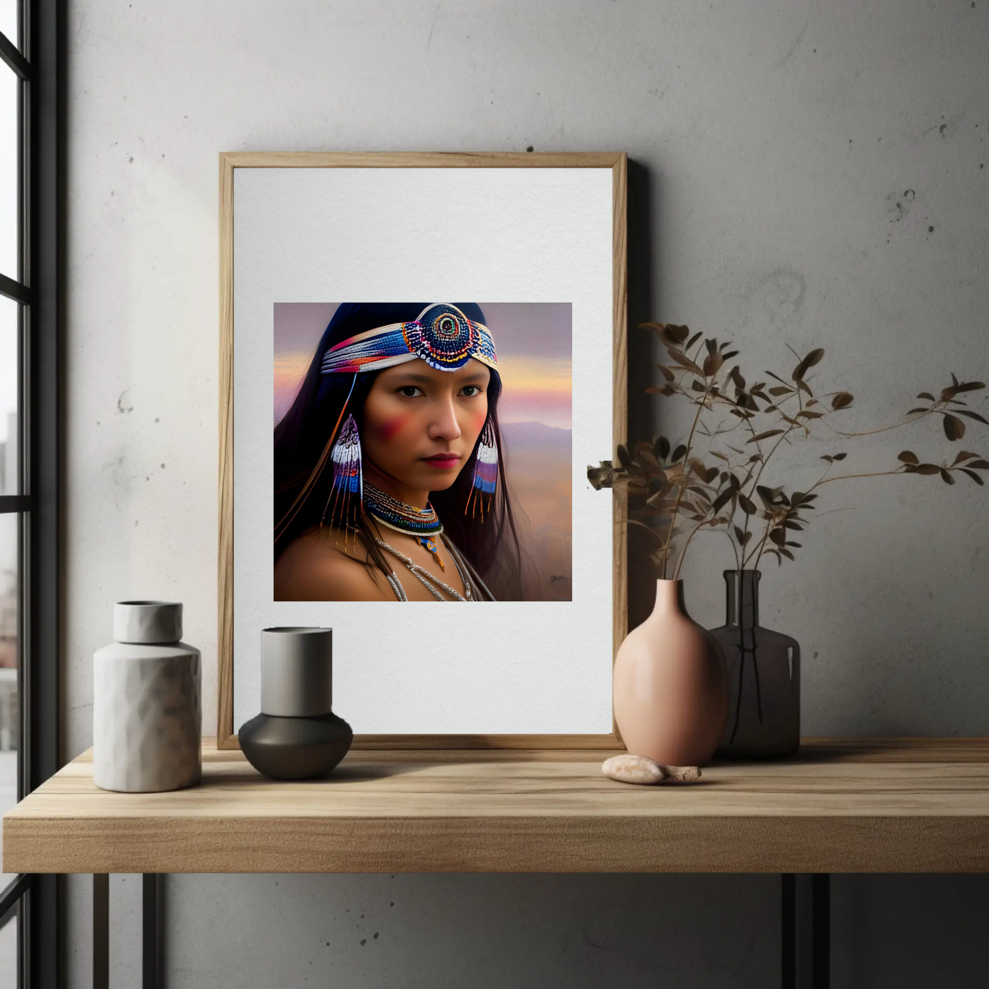 Native American Fine Art Print mit Portrait einer Frau und traditionellem Kopfschmuck in warmen Naturtönen.