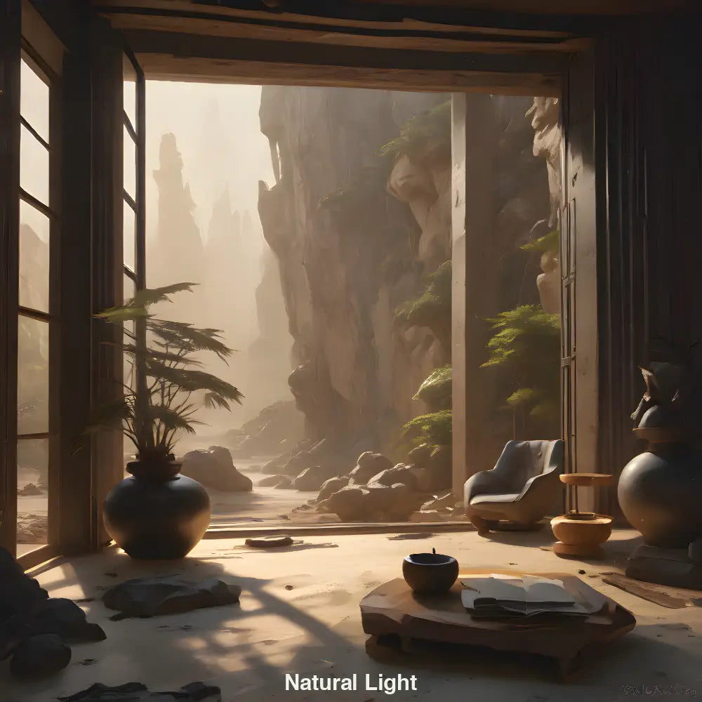 Meditativer Innenraum mit Blick auf Canyon, natürliche Materialien, japanische Ästhetik und ruhige Lichtstimmung