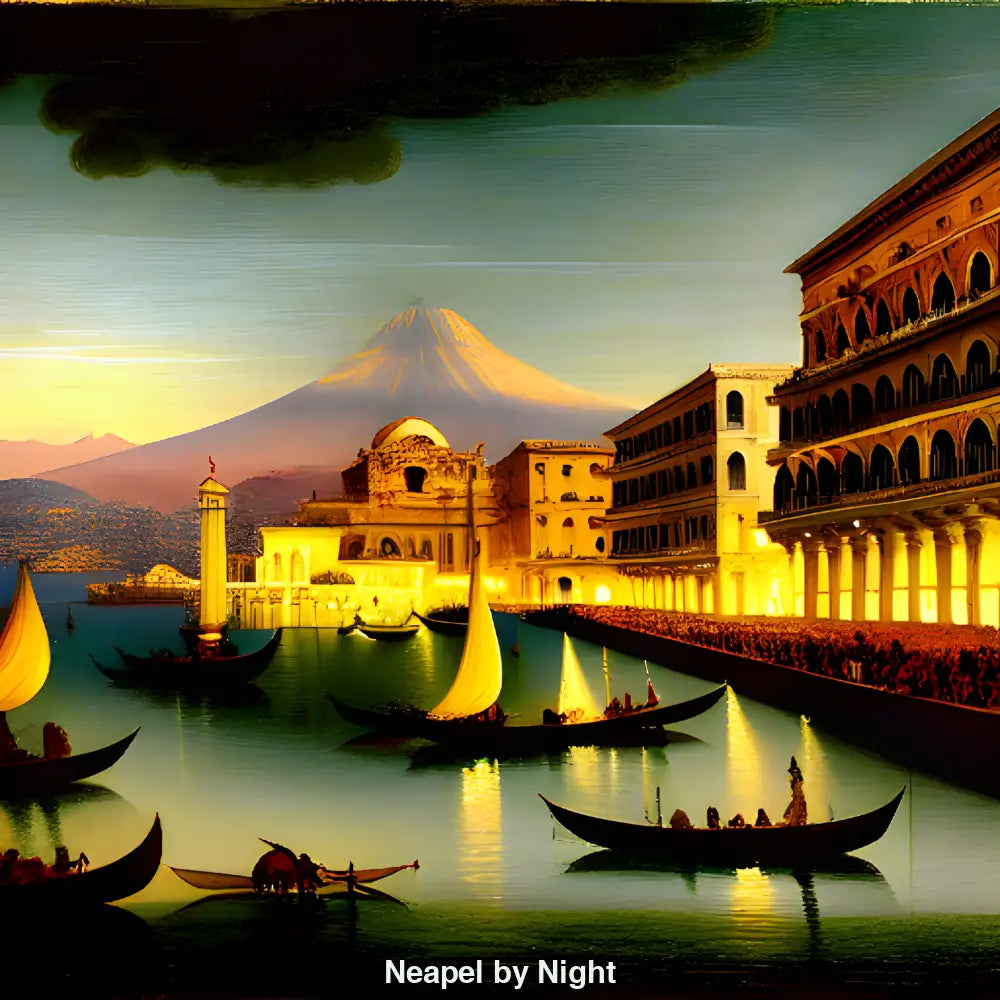 KI-Kunstwerk zeigt Neapel bei Nacht mit Lichtern, Küstenlinie und mediterraner Stimmung in digitaler Landschaft