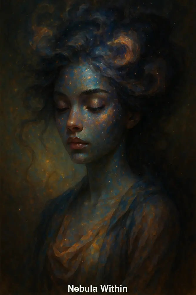 Porträt einer Frau mit geschlossenen Augen und sternenhafter Hautstruktur.