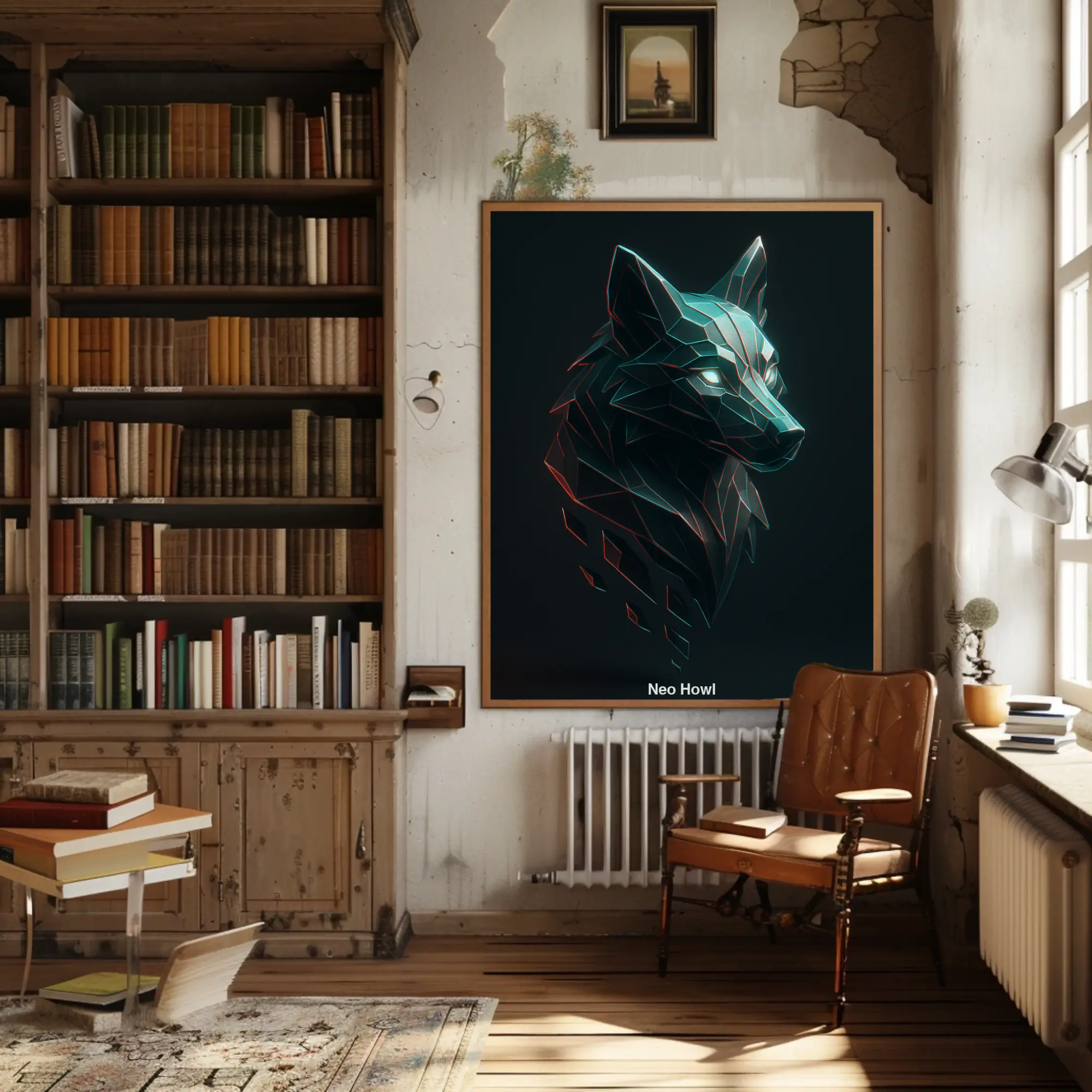 Mockup des digitalen Kunstwerks „NeoHowl“ mit polygonalem Wolf auf dunklem Hintergrund