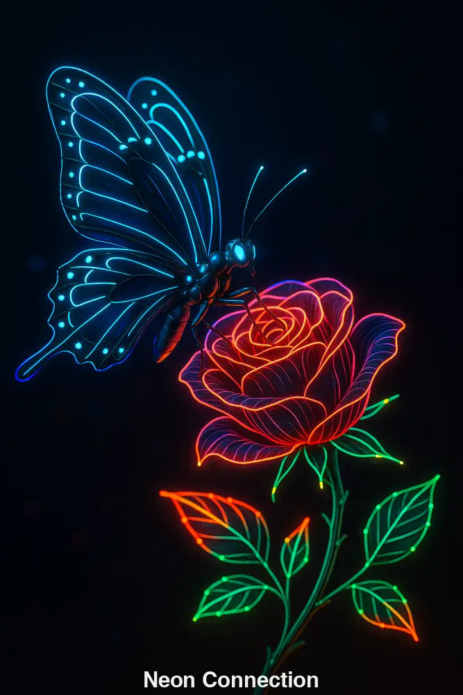 schmetterling aus neonlicht auf digitaler rose – futuristische ki kunst auf dunklem hintergrund