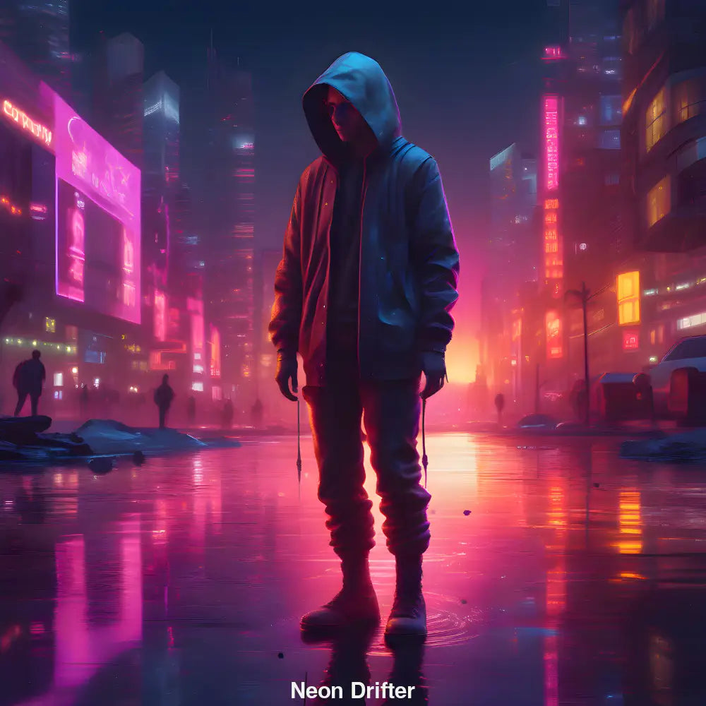 Hoodie-Figur bei Nacht auf nasser Straße in futuristischer Neonstadt – Cyberpunk-Stimmung in Pink und Violett