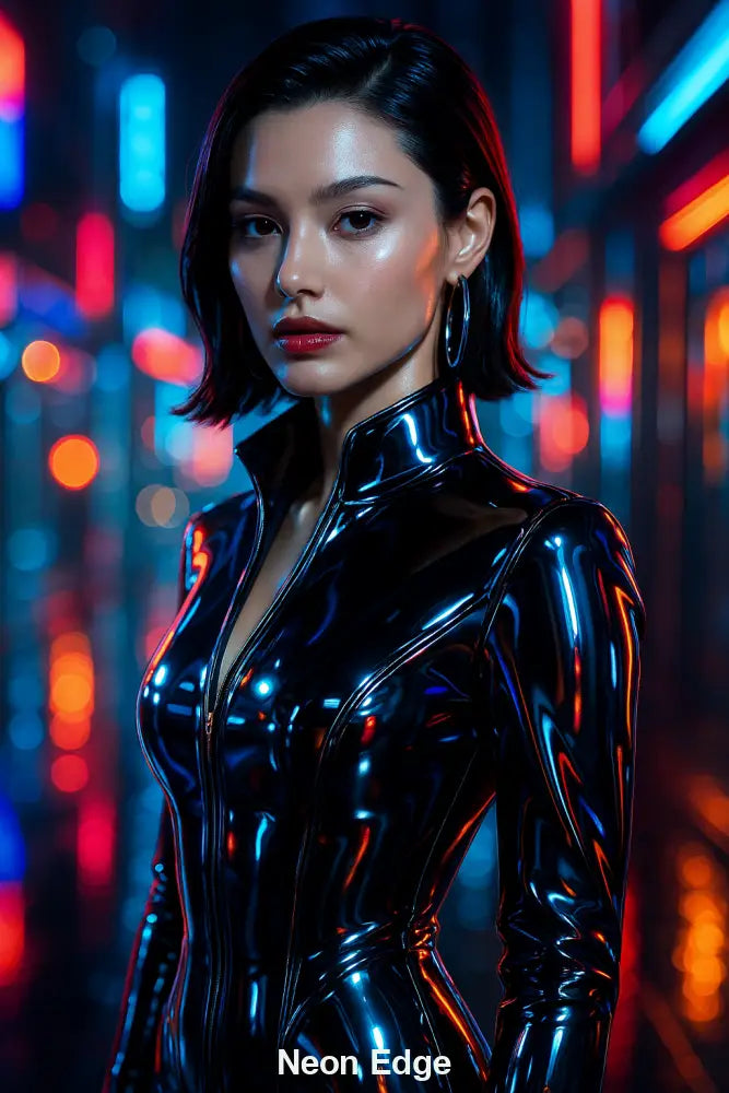 Frau in schwarzem Latexanzug mit kurzen Haaren vor bunter Cyberpunk-Stadt bei Nacht