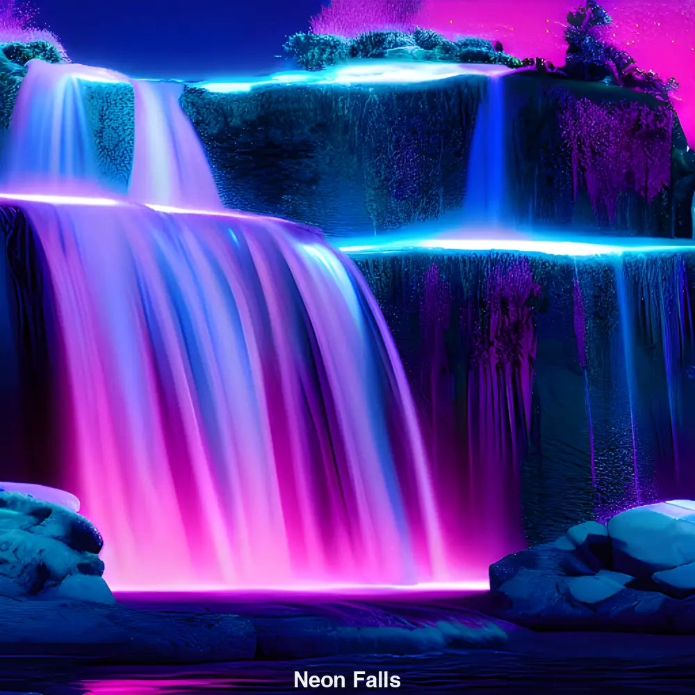 Leuchtender Wasserfall in Neonfarben vor dunkler Felslandschaft – digitales Kunstwerk in Pink, Violett und Blau