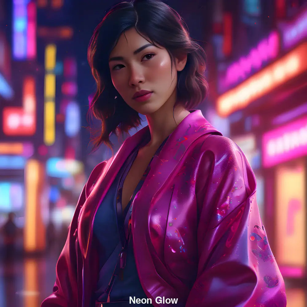 Digitale Frau im pinken Kimono vor verschwommenen Neonlichtern – asiatisch-futuristisches Porträt in urbaner Nacht