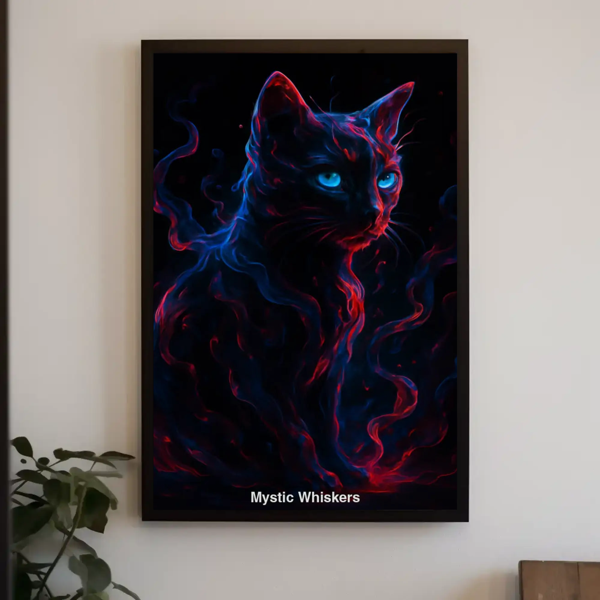 Dunkler Fine Art Print mit leuchtender Katzenkontur über modernem Sideboard