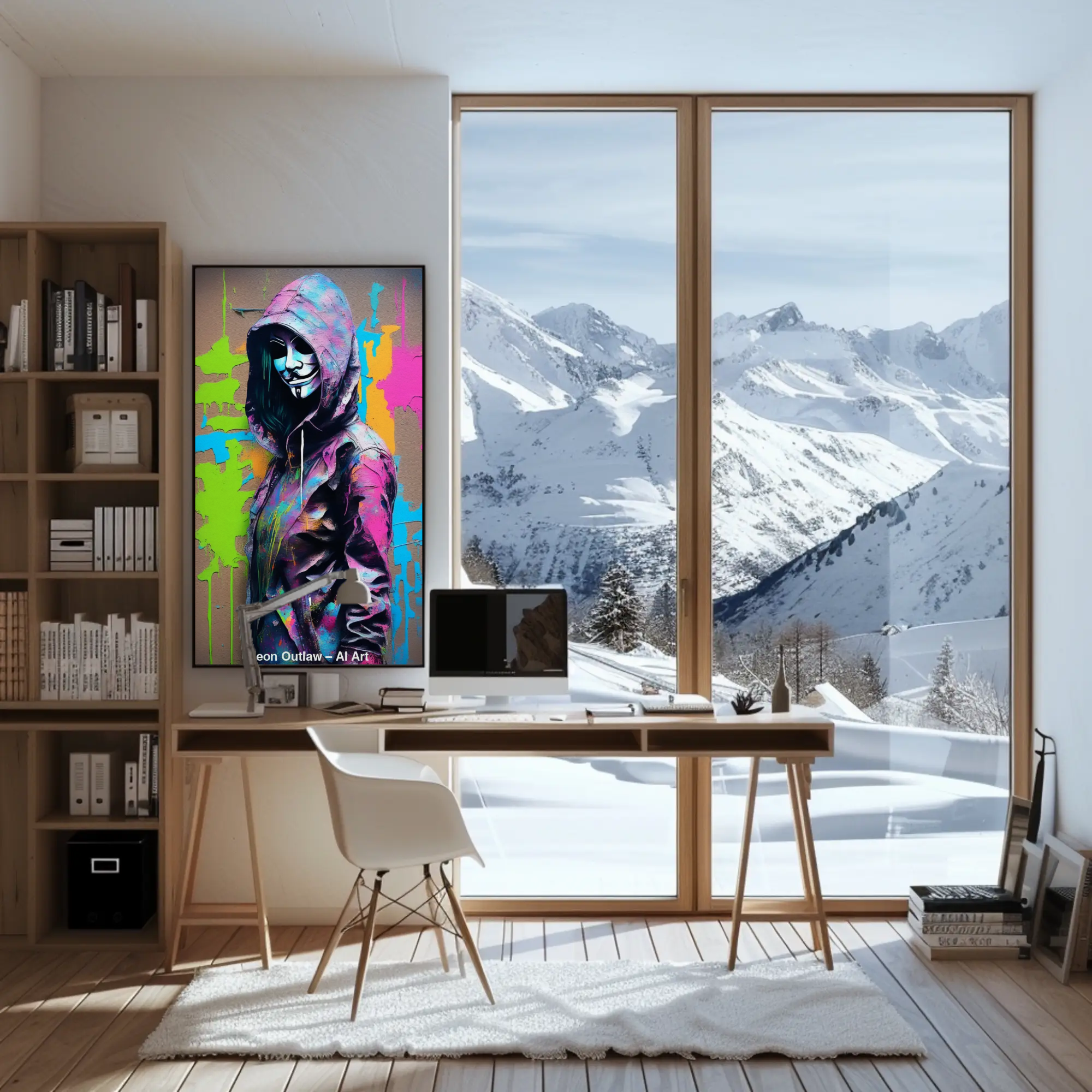 Neon Outlaw Fine Art Print mit vermummter Figur und leuchtenden Graffiti-Farben in moderner Wohnraumdarstellung.