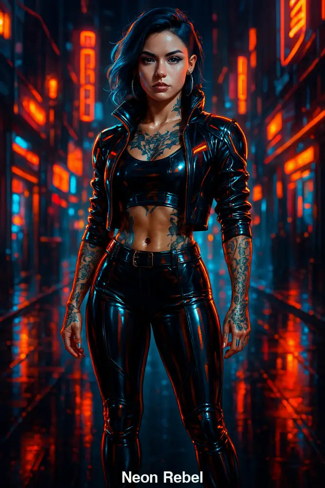 Tätowierte Frau in Latexkleidung steht in futuristischer Neonstadt mit blau-rotem Licht