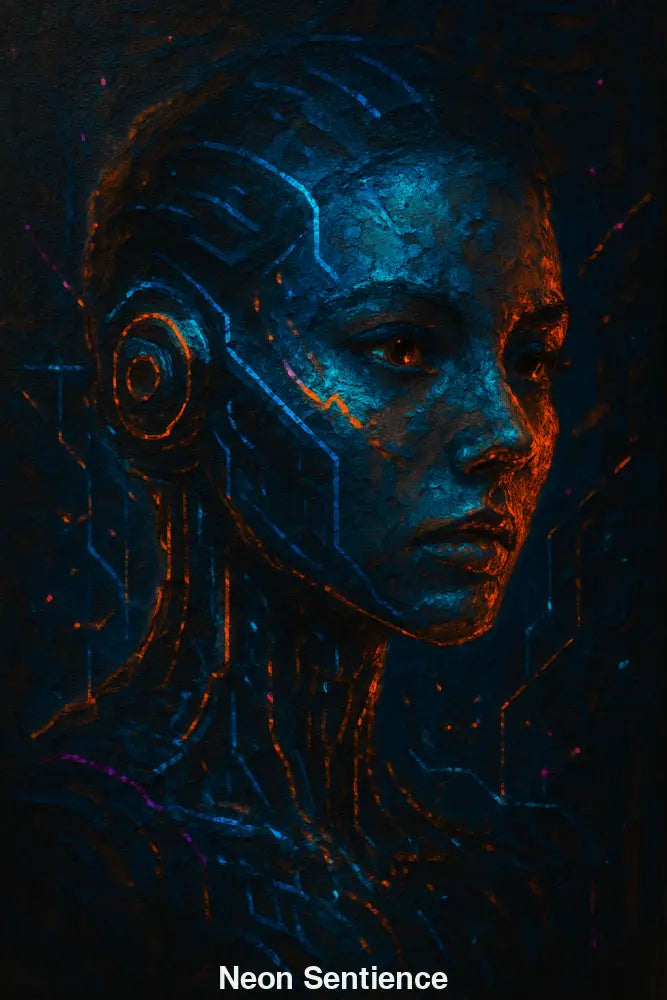 Futuristisches Cyborg-Porträt einer Frau mit neonblauen und orangen Linien auf dunklem Hintergrund