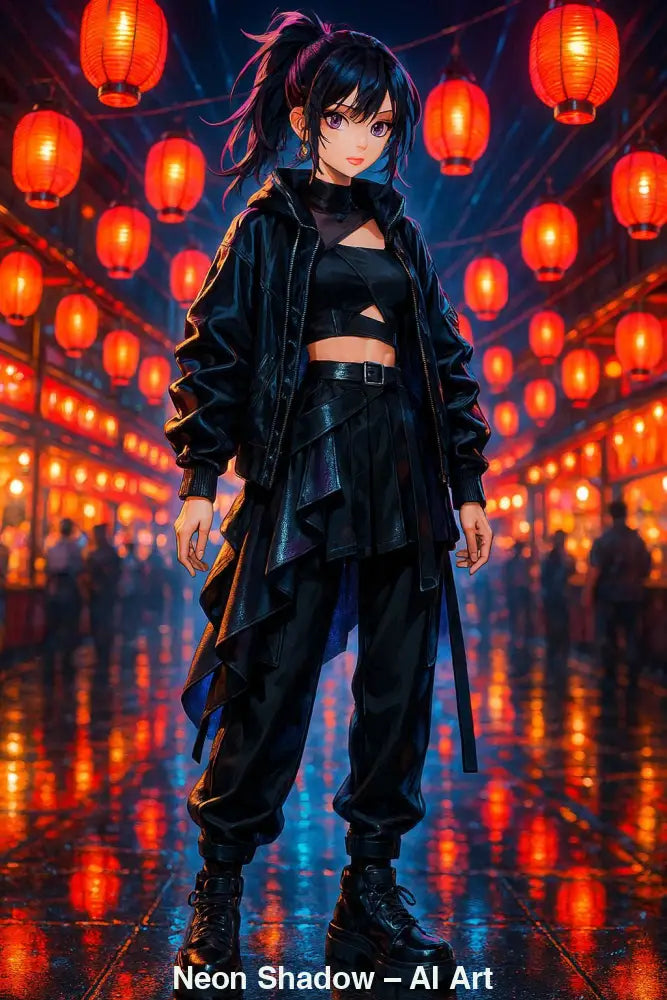 Neon Shadow – AI Art, Anime-Porträt einer jungen Frau in schwarzem Outfit vor leuchtenden roten Laternen.