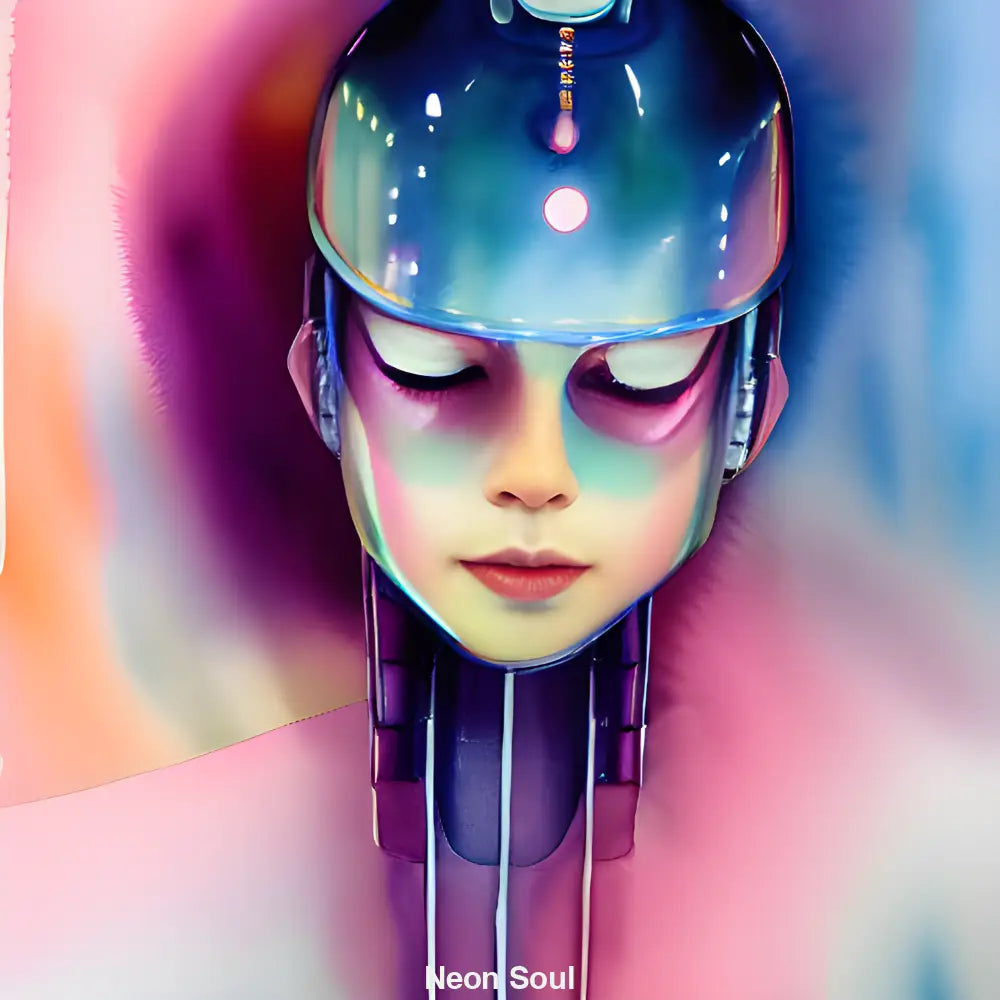 Porträt einer träumenden KI-Figur mit geschlossen Augen, glattem Helm und sanften Neonfarben in Pink, Blau und Violett