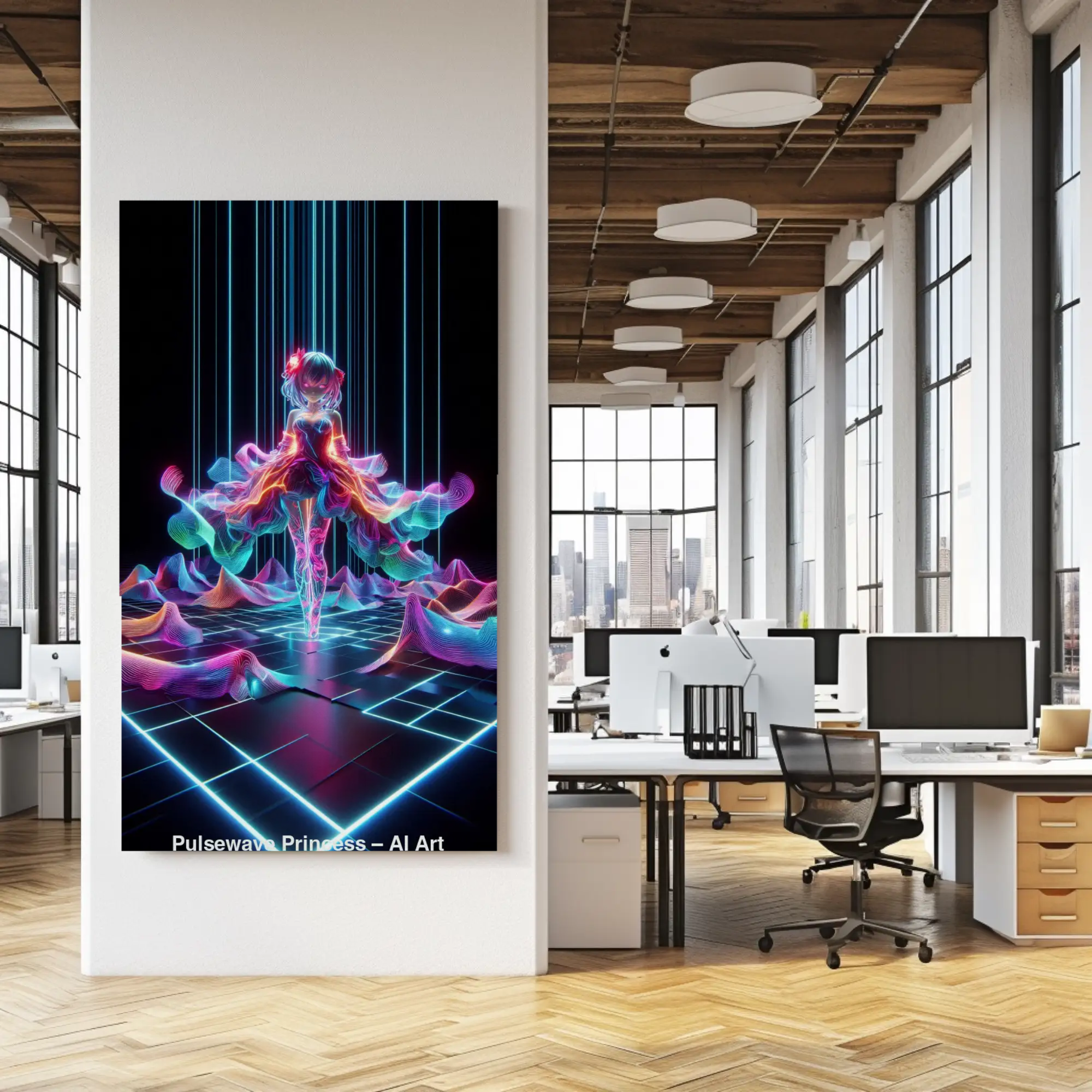 Futuristischer Fine Art Print mit leuchtender Neonfigur in modernem Loft mit hohen Fenstern und industriellem Ambiente.