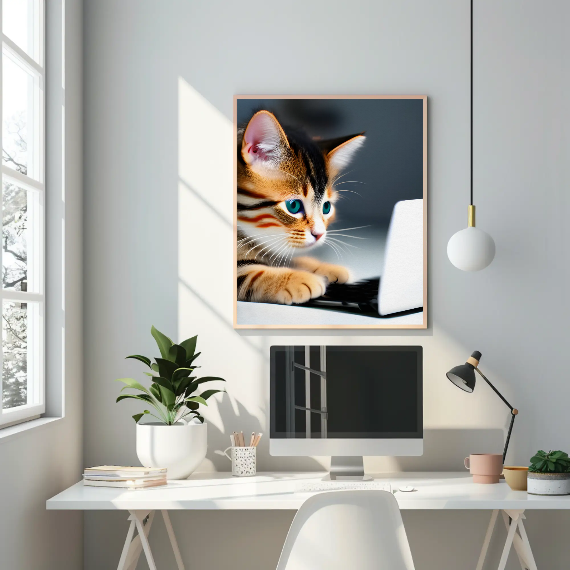 Wandbild mit kleiner Katze am Laptop in ruhiger, heller Umgebung