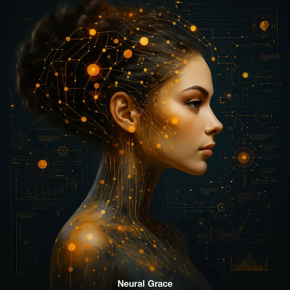 Digitales Porträt einer Frau mit leuchtenden neuronalen Netzwerklinien