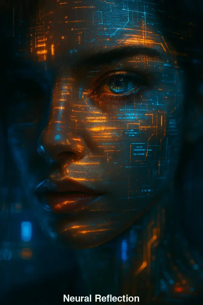 Nahaufnahme eines weiblichen Gesichts mit digitalen Lichtmustern und Tech-Strukturen