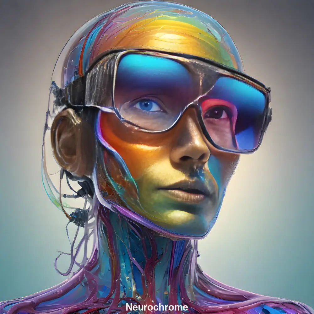 Futuristisches KI-Porträt einer leuchtenden Figur mit Visor-Brille, vernetzten Adern und techno-organischer Hautstruktur
