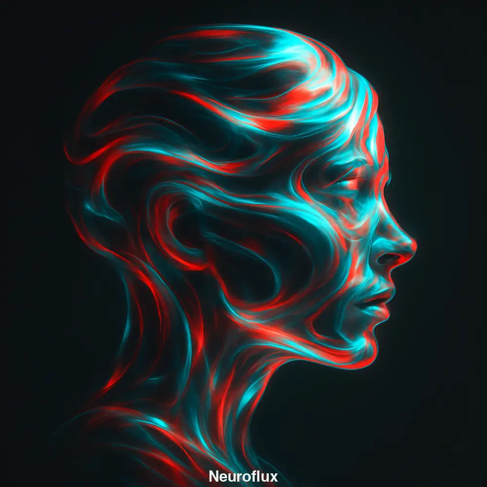 Abstraktes Frauenprofil aus rot-blauen Lichtwellen in futuristischer Ästhetik