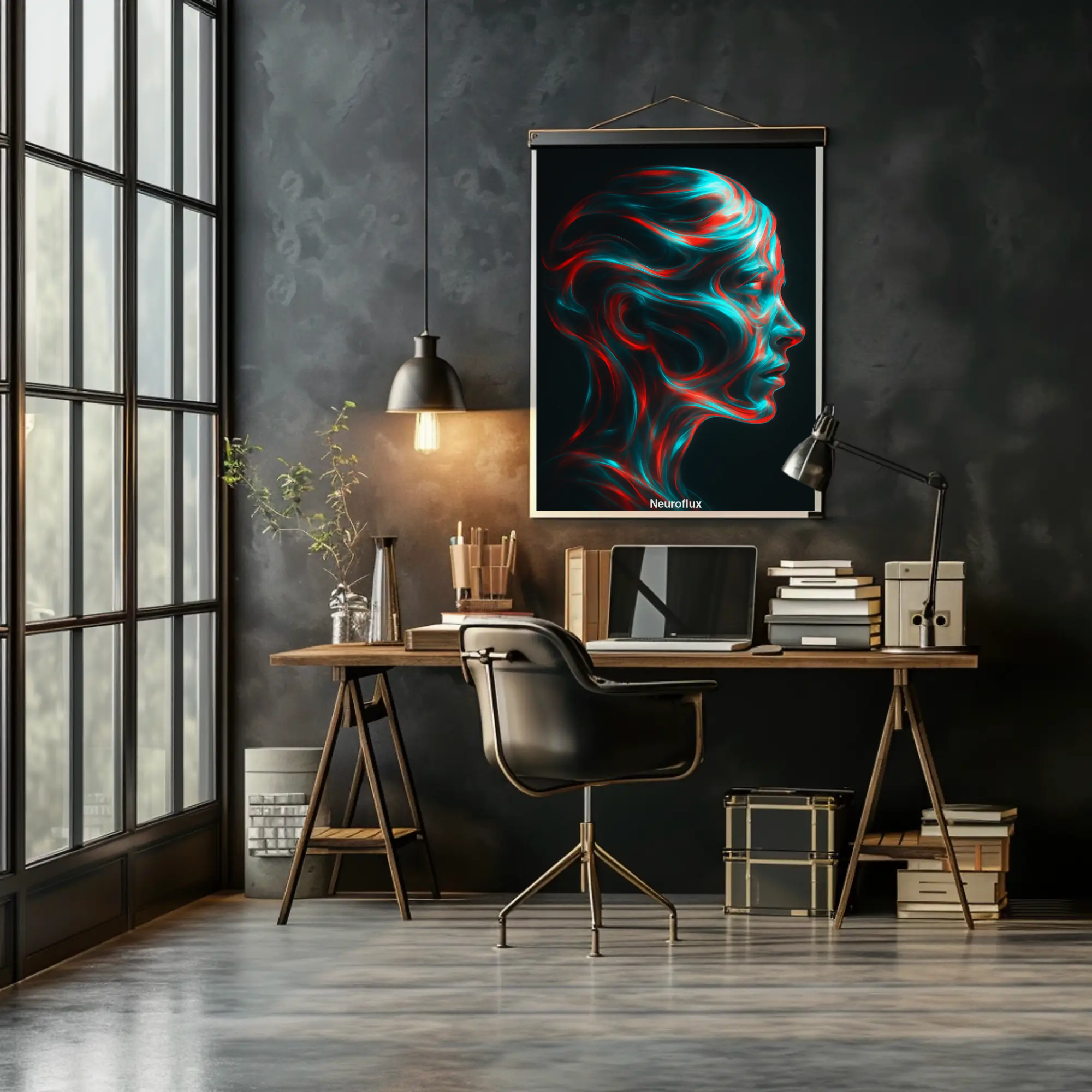 Mockup des Kunstdrucks „Neuroflux“ mit abstraktem Frauenkopf aus Lichtwellen
