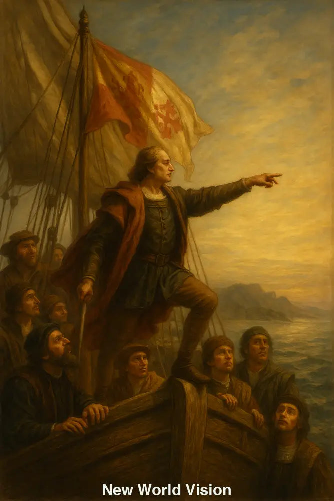 AI Art zeigt Entdecker auf einem Schiff mit wehender Flagge, Blick auf neue Welt – historisches Abenteuerbild in warmen Farben