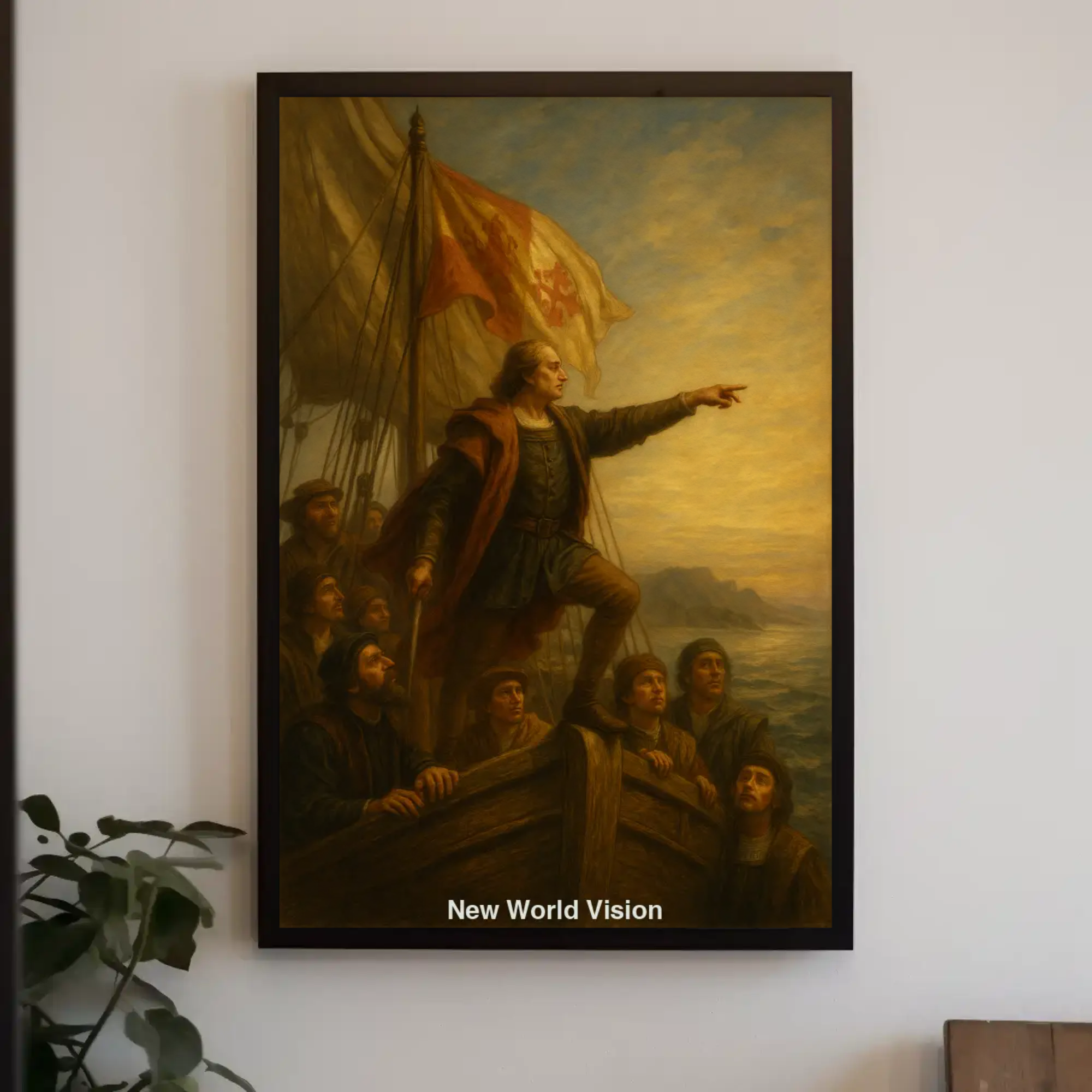 Mockup des AI Kunstwerks „New World Vision“ mit historischem Entdecker auf Schiff und Flagge im Sonnenlicht