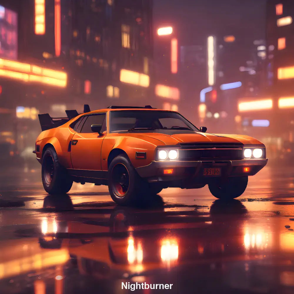 Retro-futuristisches Muscle-Car auf nassem Asphalt bei Neonlicht in einer KI-generierten Sci-Fi-Großstadt