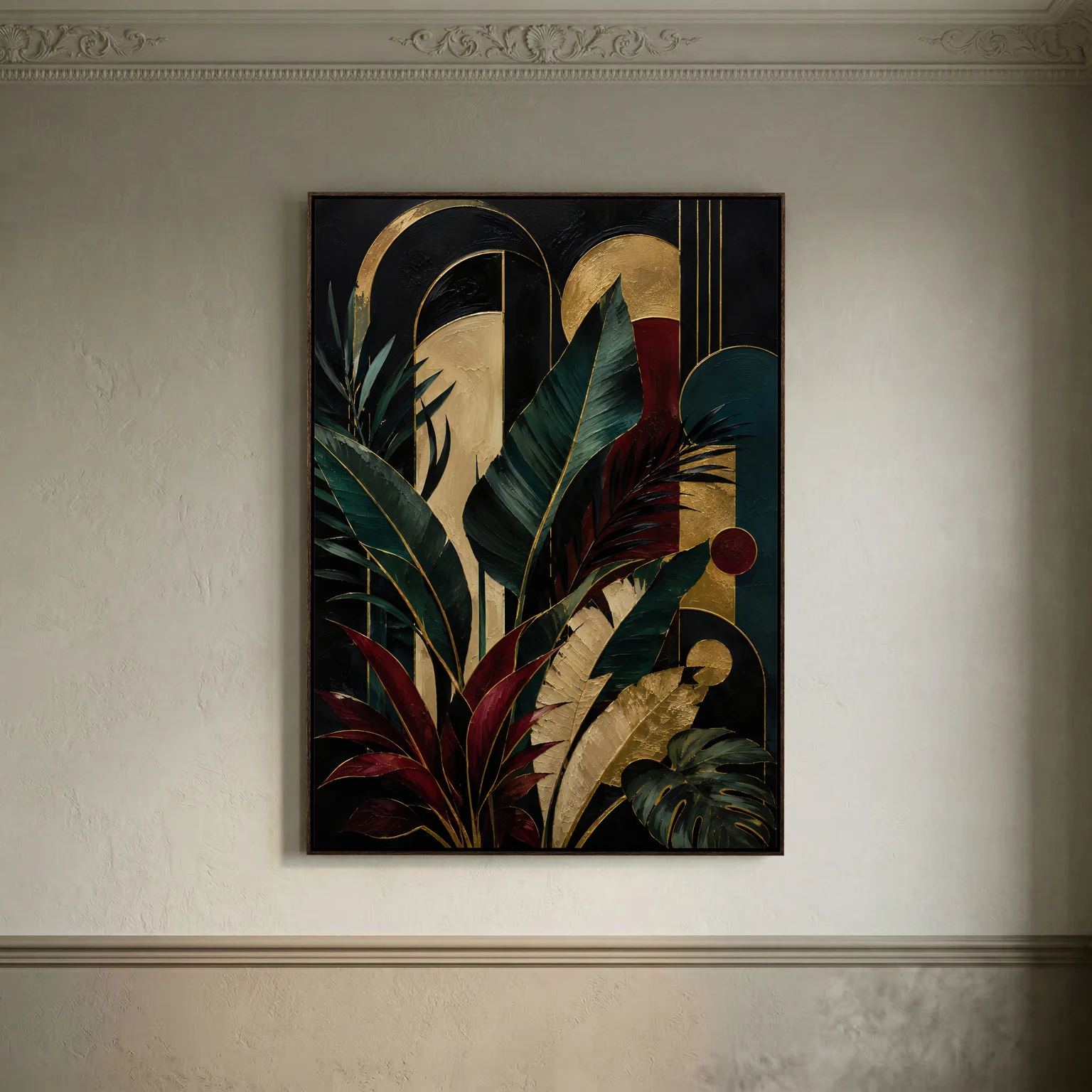 Botanisches Leinwandbild in Schwarz, Smaragdgrün, Bordeaux und Gold mit dunklem Eichenrahmen