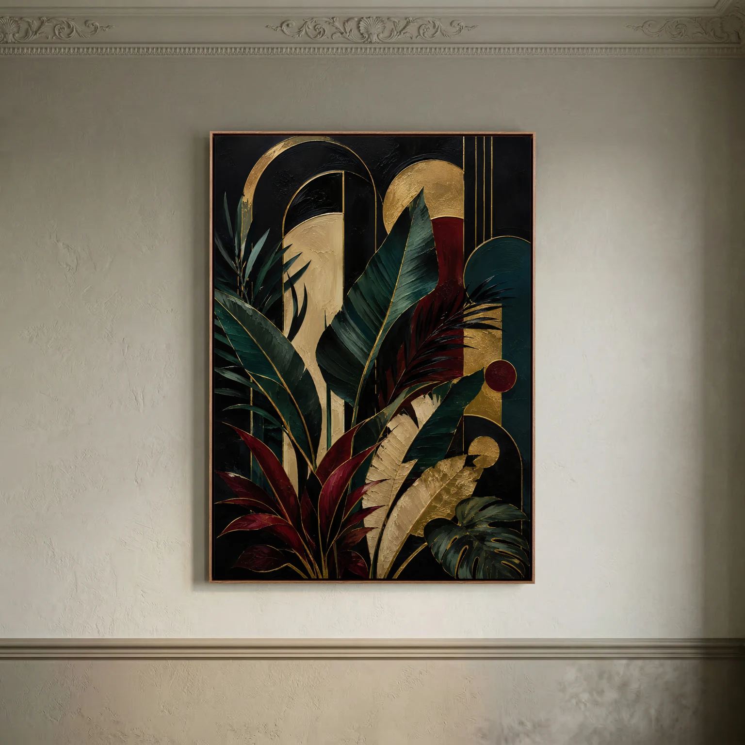 Abstrakte botanische Kunst mit tropischen Blättern und Goldakzenten als Leinwandbild mit Eichenrahmen