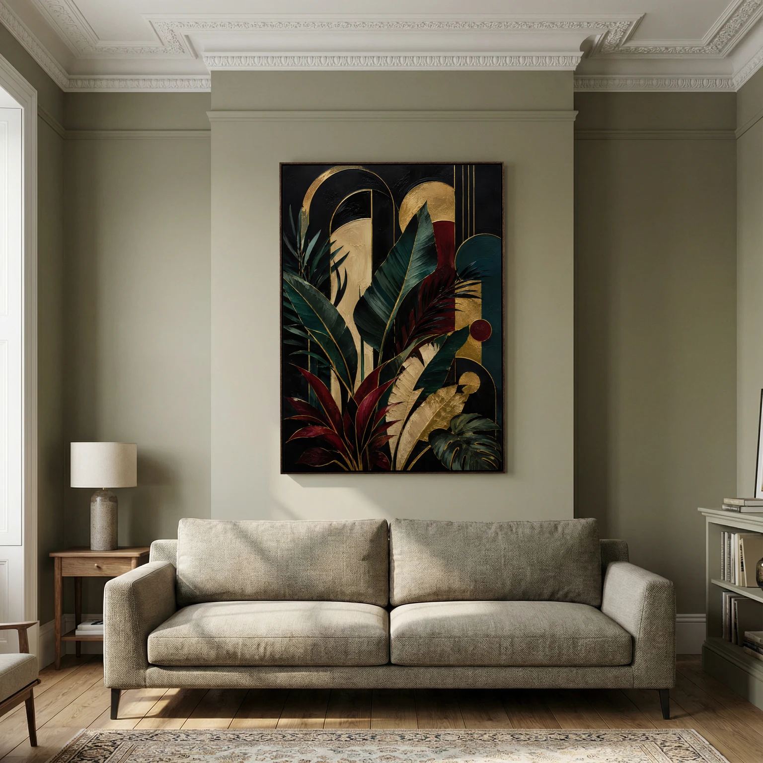 Gerahmtes Leinwandbild mit tropischen Blättern in Smaragdgrün und Bordeaux sowie goldener Geometrie im schwarzen Rahmen über einem Sofa in einer modernen Einrichtung.
