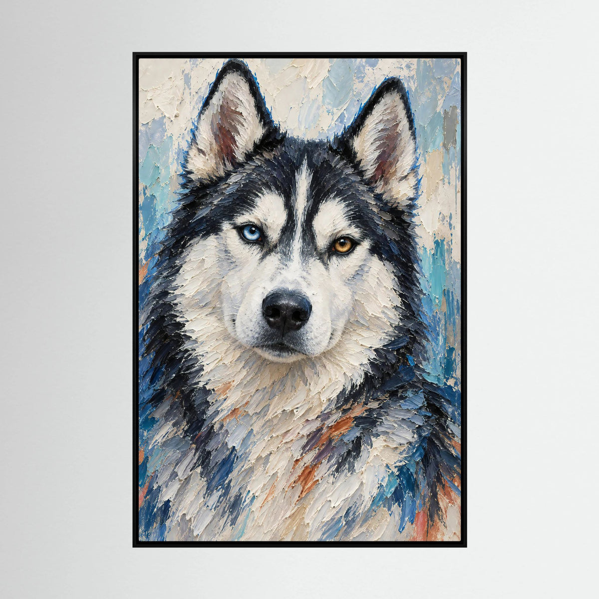 Modernes Husky-Porträt in Blau, Weiß und Schwarz als gerahmtes Leinwandbild im schwarzen Rahmen