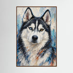 Modern gemaltes Husky-Porträt mit blauem und bernsteinfarbenem Auge im natürlichen Eichenrahmen