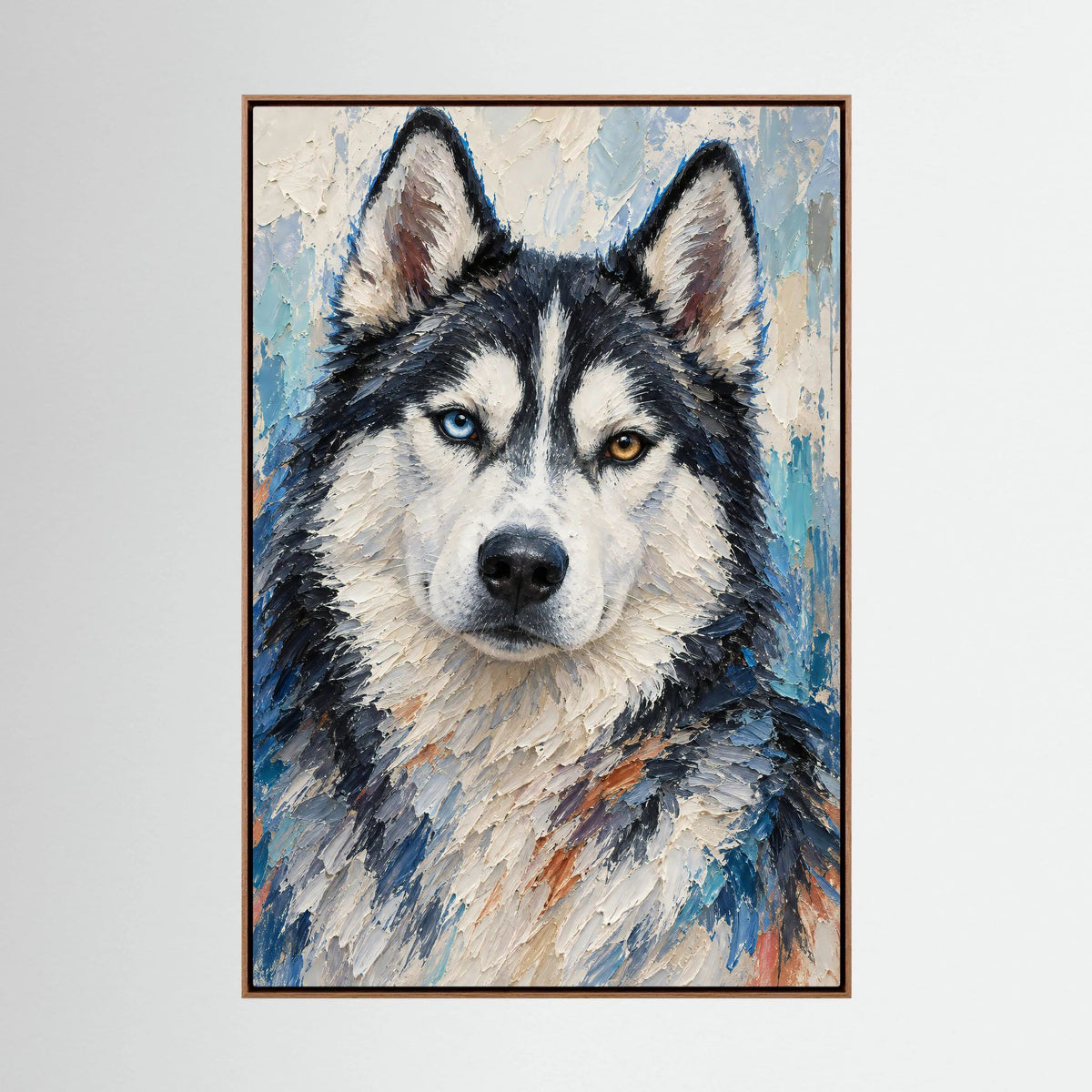 Modern gemaltes Husky-Porträt mit blauem und bernsteinfarbenem Auge im natürlichen Eichenrahmen