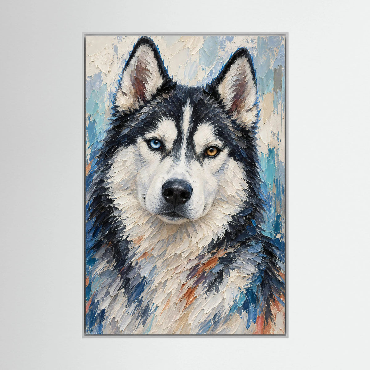 Husky Leinwandbild mit verschiedenfarbigen Augen und kräftiger Malstruktur im weißen Rahmen