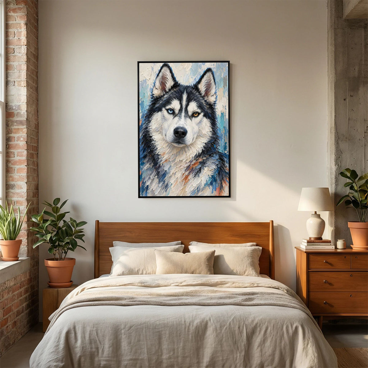 Gerahmtes Husky Leinwandbild mit verschiedenfarbigen Augen und strukturierter Malerei in Blau, Weiß und Schwarz
