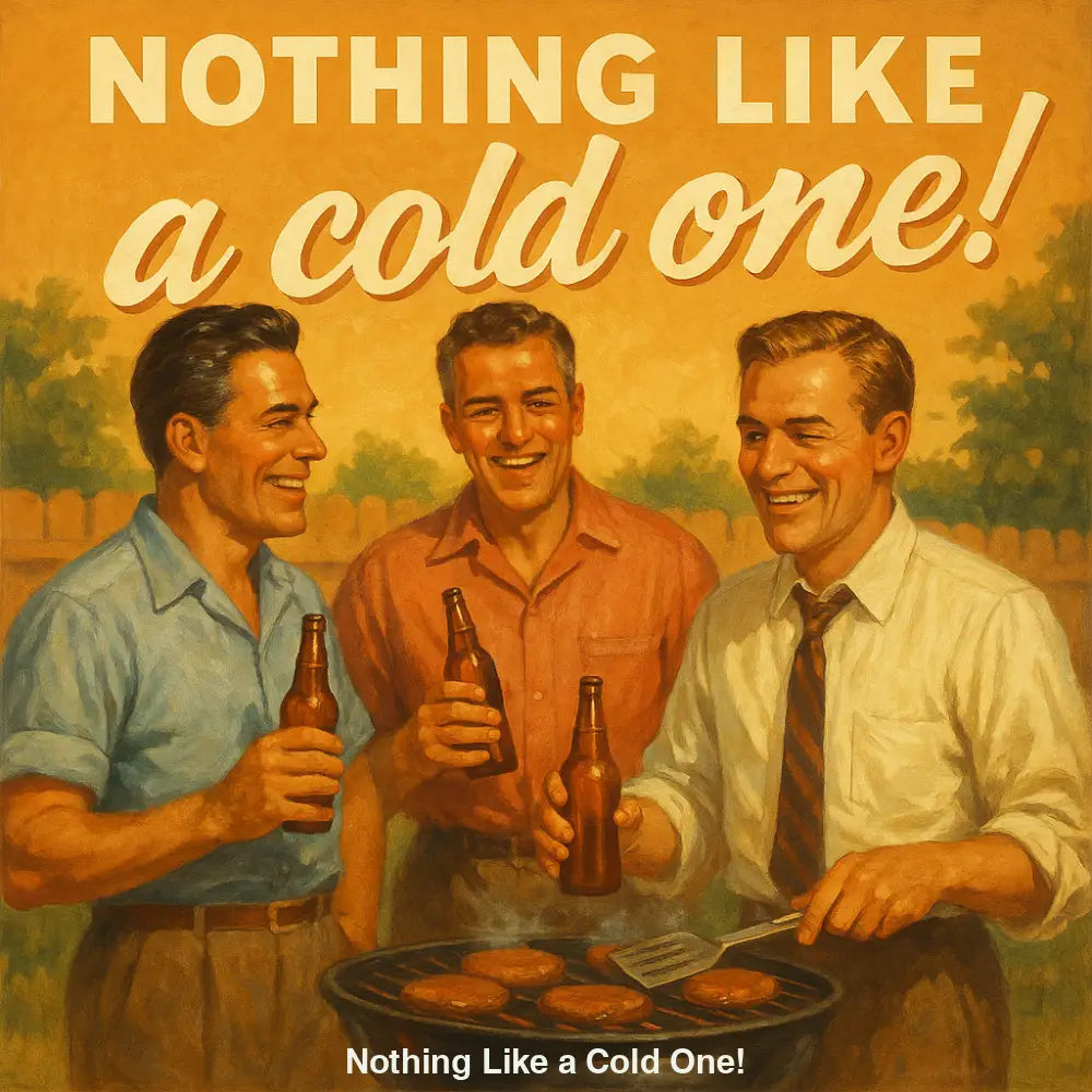 Drei Männer grillen mit Bierflaschen in der Hand – Retro BBQ-Szene im 50er-Jahre-Stil mit Burgern und guter Laune