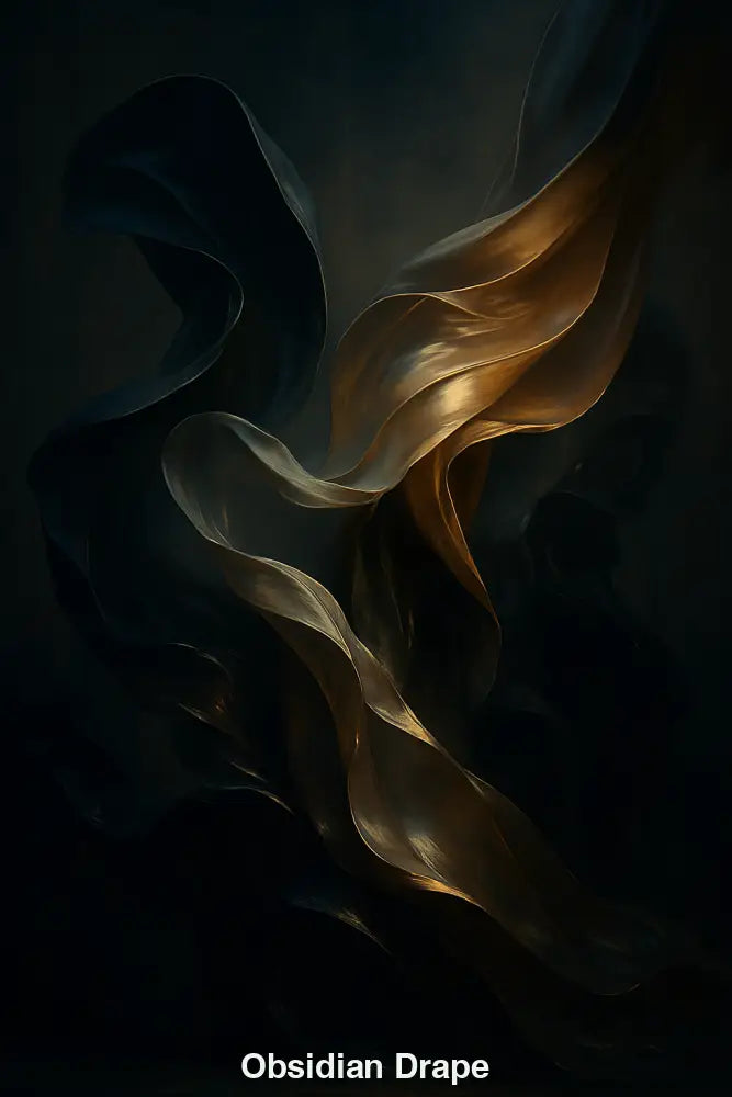 Abstraktes AI-Kunstwerk mit dunklen Stoffen und goldenen Lichtwellen – geheimnisvoll, fließend, elegant