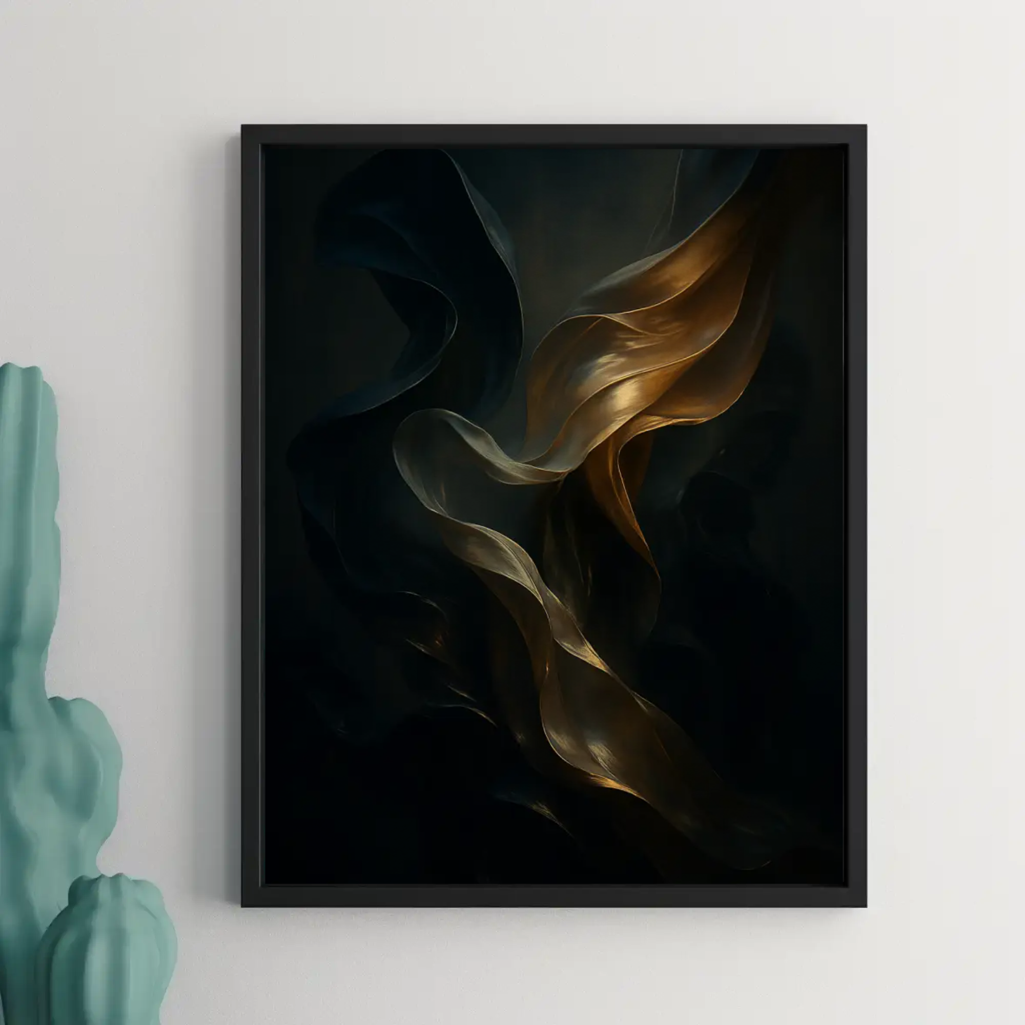 Abstrakte AI-Kunst mit goldenen und schwarzen Falten – elegant, geheimnisvoll, digital generiert